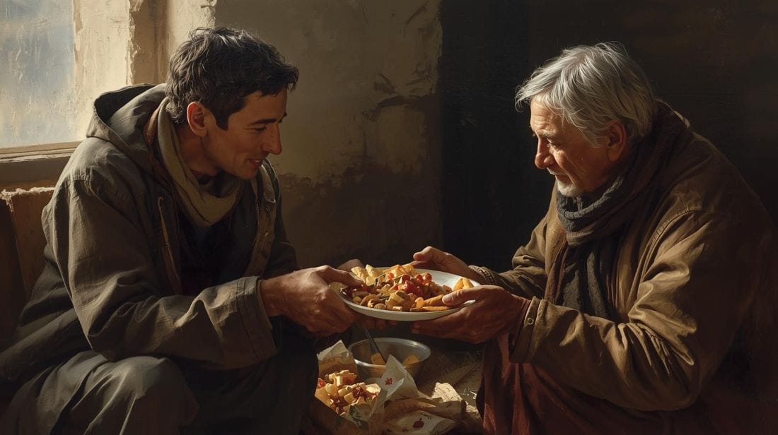 Obraz ilustrujący altruizm w relacjach międzyludzkich: młody mężczyzna dzielący się posiłkiem ze starszą osobą. Scena nawiązuje do zagadnień, które bada psychologia społeczna i empatia.